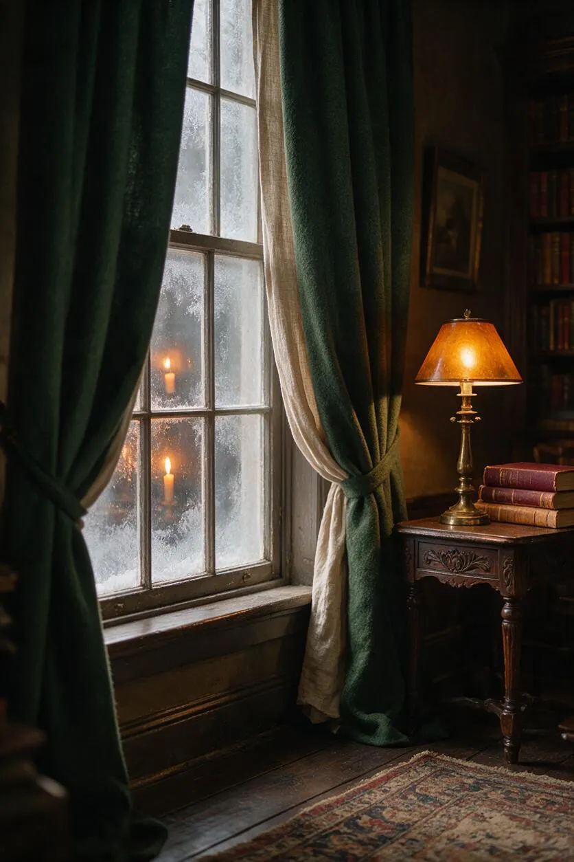 A dimly lit Dark Academia vignette with tall frosted windowpanes framed by heavy dark green curtains and a cream sheer panel. Beside the window sits a carved wooden side table with a glowing brass lamp and a small stack of old books, with a patterned rug on the floor and bookshelves fading into the background.
