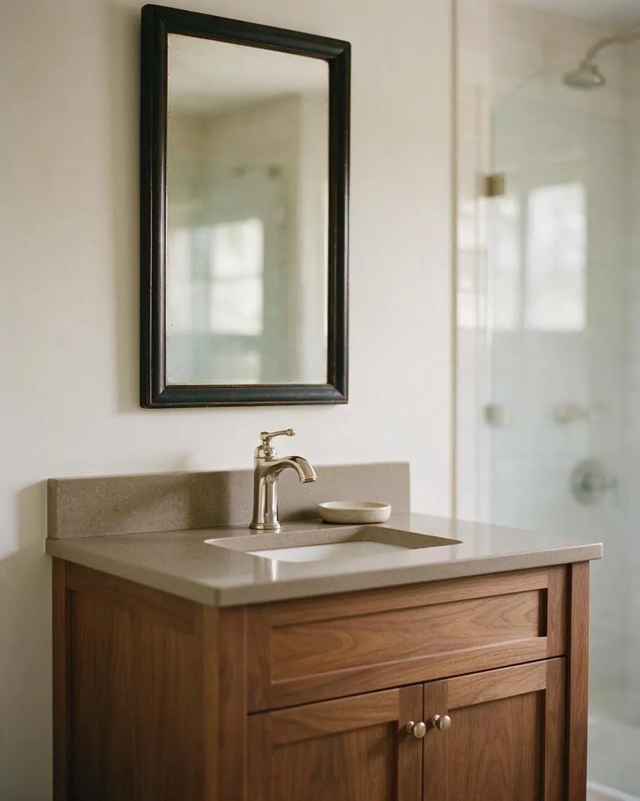 A transitional master bathroom features a walnut wood vanity with a light stone countertop, an undermount sink, and a polished chrome faucet. Above the vanity hangs a dark framed rectangular mirror, and a glass shower enclosure is visible to the side, giving the space a clean, calm feel.