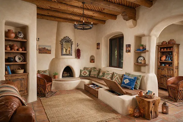 A Southwestern-style backyard patio features smooth adobe-style walls, rounded arches, and a wood-beam ceiling with a wrought-iron light fixture. Built-in seating with patterned cushions, terracotta pottery, rustic wood shelves, and a tiled floor create a warm, earthy outdoor living space.