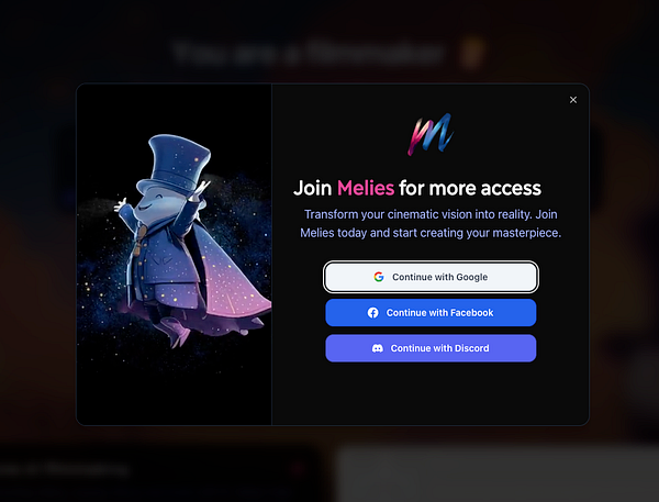 A signup modal for the Melies platform featuring a whimsical character and multiple login options.