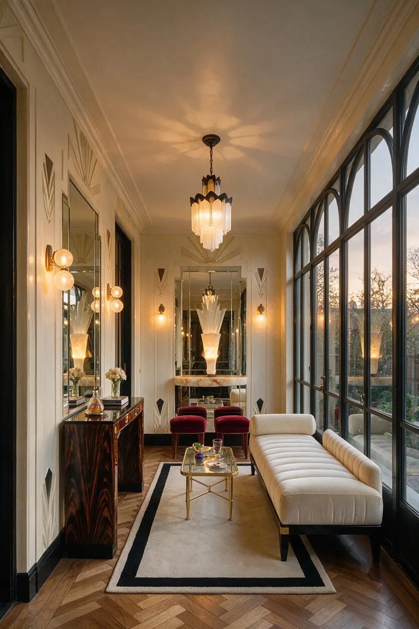 A narrow Art Deco sunroom with tall arched black-framed windows on one side, a cream upholstered chaise lounge, a brass and glass coffee table, and a dark wood console with a mirror wall. The space features geometric wall details, velvet stools, a sculptural pendant light, herringbone wood flooring, and a warm sunset glow.