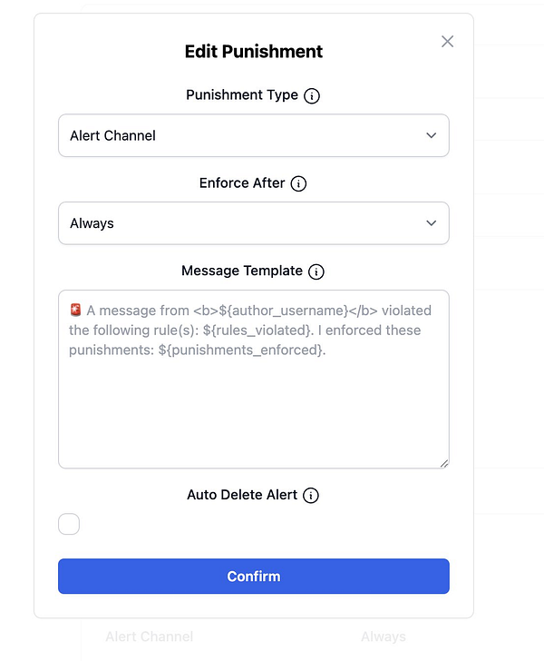 The image displays a user interface for editing punishment settings in an alert system.