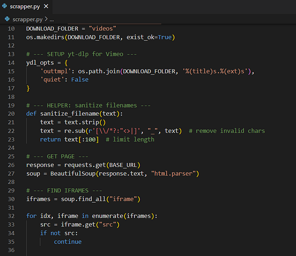 A Python script for scraping and downloading videos from external sources is displayed in a code editor.