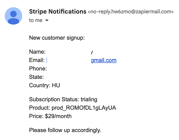 The image displays a notification email from Stripe regarding a new customer signup.