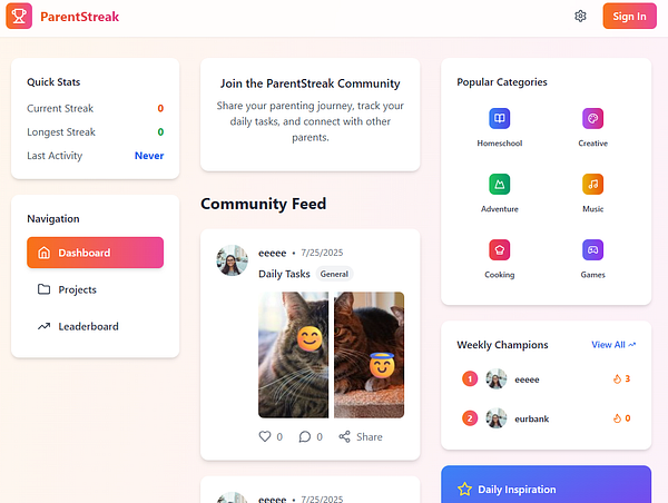 The image displays a user interface for the ParentStreak application, featuring a community feed and various navigation elements.