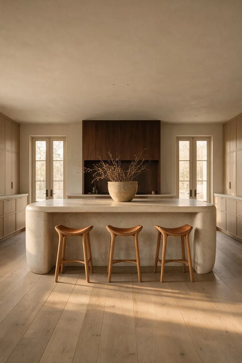 A serene organic modern kitchen with a rounded stone island centered in the room, three sculptural wood stools, and pale oak flooring. Light wood cabinetry lines the walls, while a dark wood feature niche and large glass-paned doors add contrast and symmetry.