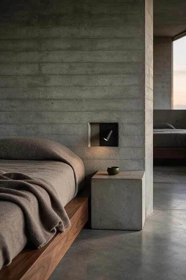 A sparse bedroom vignette with a low platform bed, soft taupe bedding, and a thick concrete wall and floor. A recessed wall niche holds a small black spotlight, and a square concrete side table sits beside the bed with a small ceramic cup on top. Warm natural light enters from an opening at the right, revealing a second bed in the background.