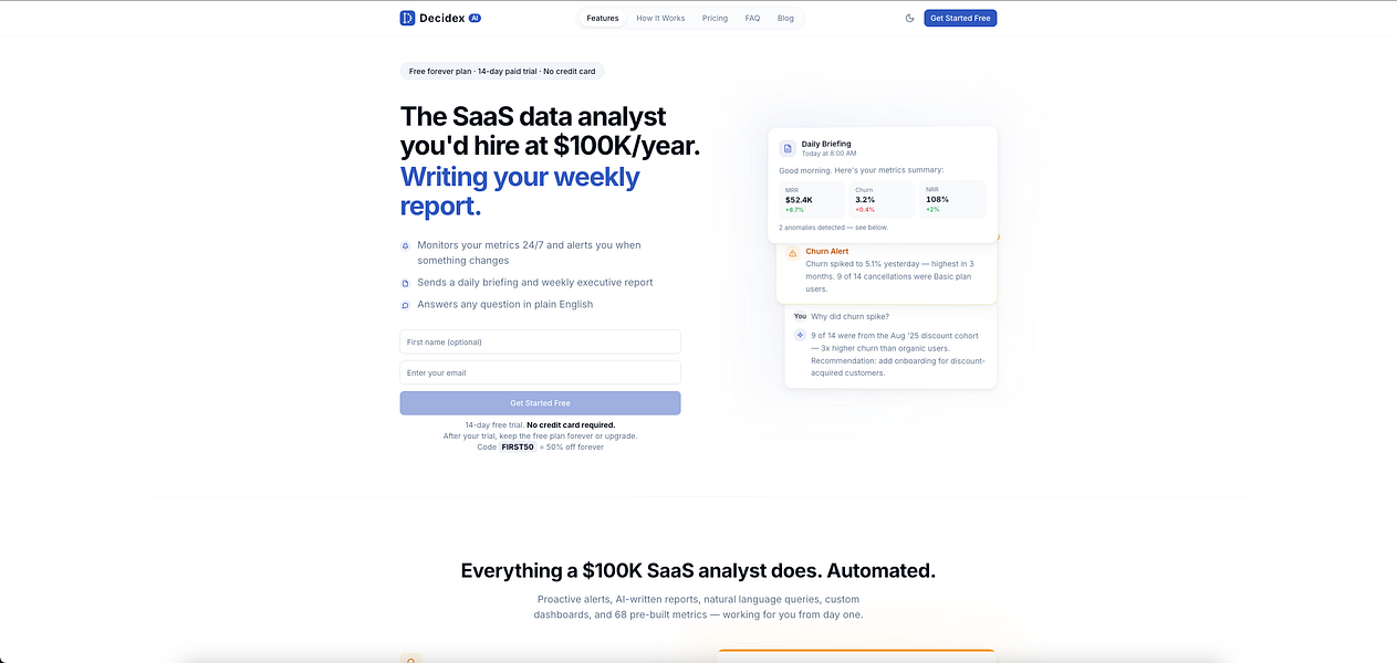DecidexAI – Monitor SaaS metrics and get alerts, reports, and answers in plain English visual 2