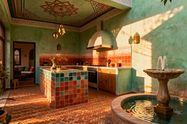 Sunlit Moroccan kitchen with green tadelakt plaster walls, a patterned painted ceiling with star motif, and brass pendant lanterns. A central island clad in emerald and terracotta zellige tiles faces a wood cabinet run with light stone counters and red tile backsplash; the herringbone terracotta floor leads to a round stone fountain in the foreground; arched doors and lattice screens frame an adjoining lounge.