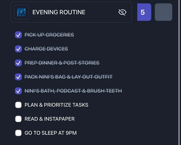 A digital checklist for an evening routine with completed and pending tasks.
