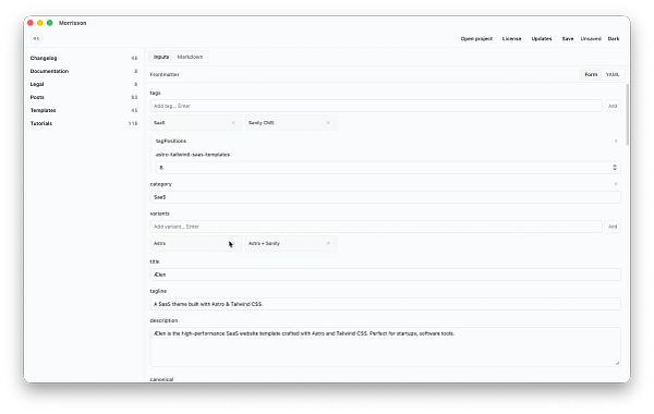 Screenshot of Morrisson Astro markdown editor desktop app showing a markdown document with the interface's menu and toolbar.