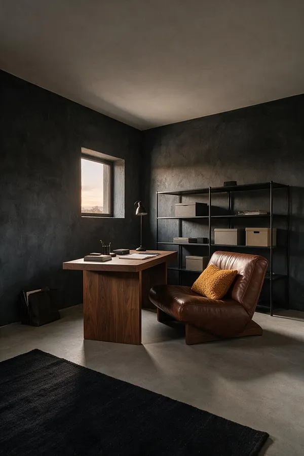 A moody home office with dark textured walls, a small square window, a walnut wood desk, and a brown leather lounge chair with a mustard cushion. Black metal shelving with storage boxes lines the back wall, and a dark rug anchors the concrete-toned floor.