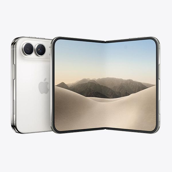 Foldable white smartphone with dual rear cameras and an expansive interior screen displaying a desert landscape and mountains.