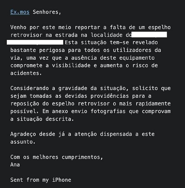 Street scene in Portugal showing a grey sidewalk mailbox missing its roadside mirror, with parked red scooters and urban buildings in the background.