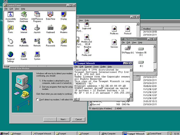 The image displays a Windows 95 interface with various system windows open, including the Control Panel and a modem installation dialog.