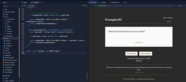 The image displays a coding environment alongside a web application interface for a daily reflection tool.