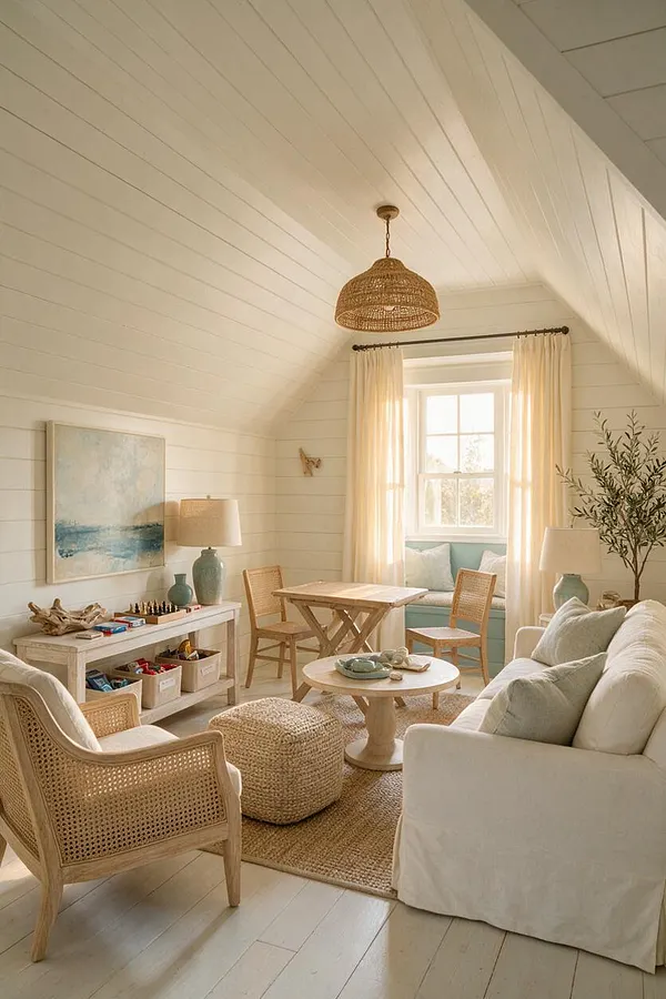 A bright coastal-style game room with vaulted shiplap ceilings, a woven pendant light, and creamy white walls. The room includes a slipcovered sofa, cane chairs, a woven ottoman, a small round table, and a play table beside a window seat with pale blue cushions and soft curtains.