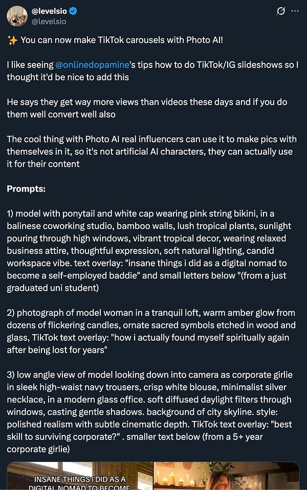 The image features a Twitter post discussing the creation of TikTok carousels using Photo AI, accompanied by prompts for various photo styles.