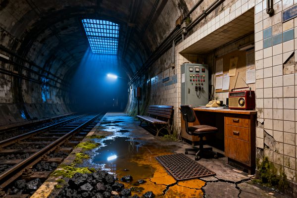 An abandoned subway tunnel contains a makeshift office in a tiled alcove with a weathered wood desk, rotary phone, red transistor radio, and vinyl swivel chair. A gray steel control panel stands beside it; the platform shows cracked concrete, puddles of rust-colored water, coal-like debris, and patches of moss, while a wooden bench and rails recede into darkness under cold blue light from a ceiling grate.
