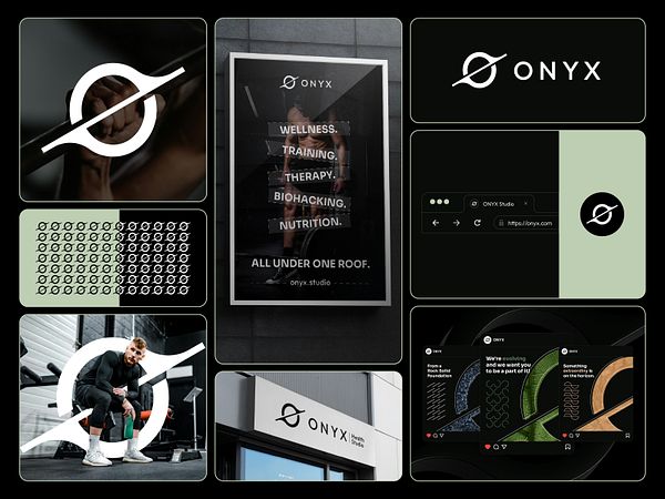 The image showcases a branding collage for ONYX, featuring various design elements and promotional materials.