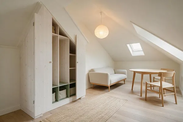 A bright Scandinavian attic room with a pale wood closet on the left, open shelves and storage baskets inside, and a small sitting area on the right with a light sofa, round wooden table, and matching chair. White walls, sloped ceilings, skylights, and a paper pendant lamp create a calm, airy atmosphere.