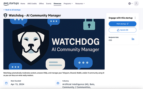 The image displays a promotional page for the Watchdog AI Community Manager on the AWS Startups platform.