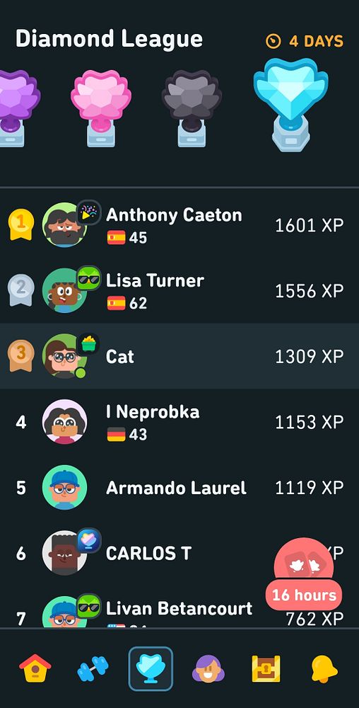 The image displays a leaderboard for a language learning app's Diamond League.