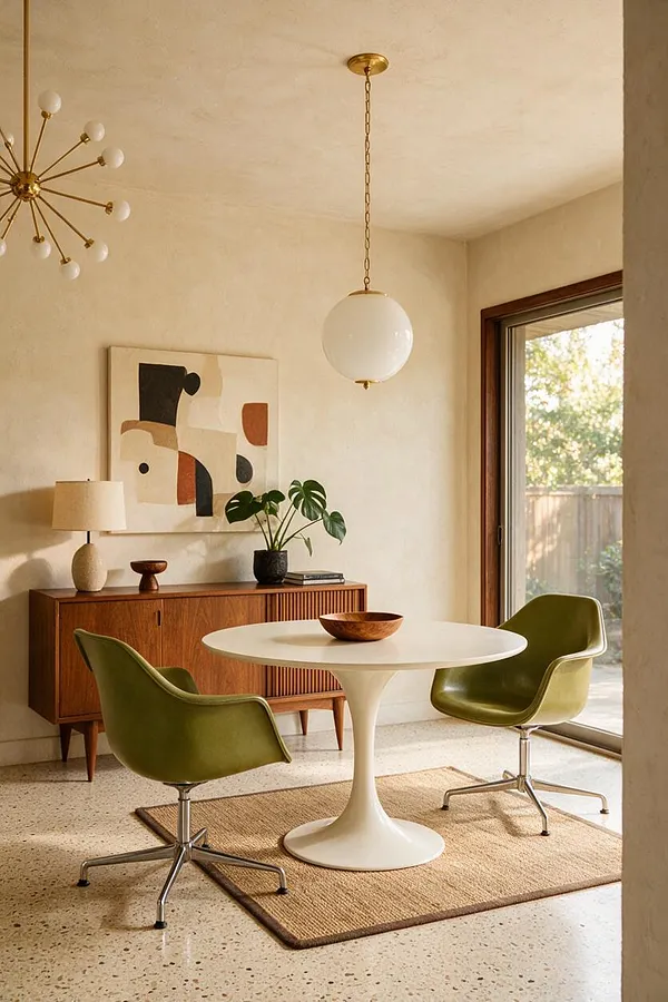 A Mid-Century Modern dining nook with two olive-green swivel chairs around a white tulip table on a natural jute rug. A walnut sideboard, abstract wall art, globe pendant, and starburst chandelier complete the warm, sunlit room.