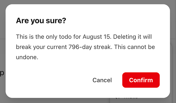 Screenshot of a delete confirmation prompt warning the user about deleting a day and affecting their streak in a productivity app.