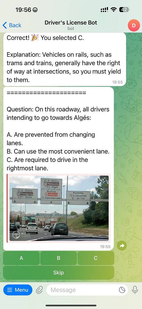A screenshot of a conversation with a driving license bot, featuring a question about roadway rules and a related image of traffic signs.