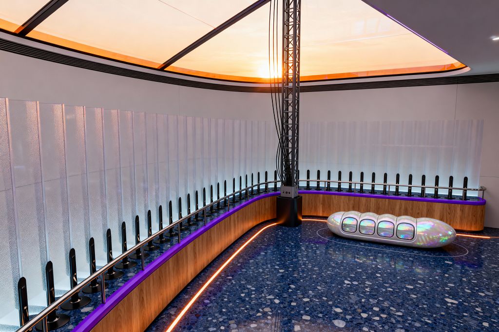 A futuristic home gym with a curved layout features ribbed translucent wall panels above a warm wood–clad base and a stainless handrail lined with black vertical training devices. The room has a deep blue terrazzo floor, purple and amber LED accents, a central black steel truss connecting to a glowing skylight, and a glossy iridescent capsule bench, creating a softly illuminated, tech-forward environment for exercise.