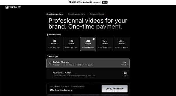 The image displays a pricing and package selection interface for a video service.