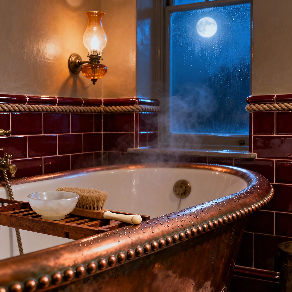 A Victorian bathroom featuring a burnished copper roll-top bathtub with a beaded rim and white enamel interior, set beneath an amber glass wall sconce. Glossy burgundy ceramic subway tiles with a rope border meet warm cream walls, while antique brass fixtures and a wooden bath tray holding a brush and bowl sit nearby; steam rises toward a rain-speckled window under a bright moon.