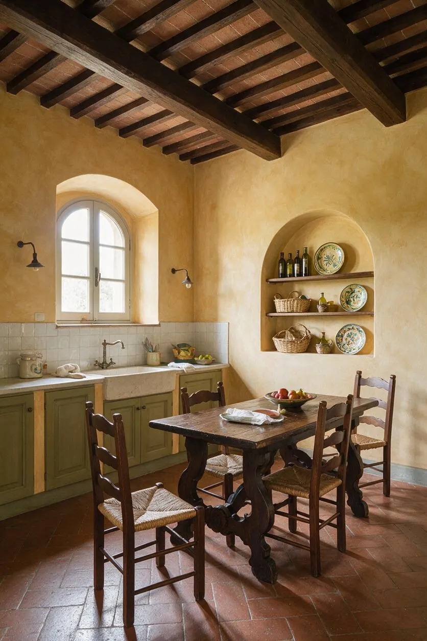 A warm Mediterranean-style kitchen with exposed dark wood ceiling beams, textured golden plaster walls, and a small arched window above a stone sink. Green base cabinets, terracotta floor tiles, and open wall niches with pottery and woven baskets create a rustic, lived-in feel, while a dark wood dining table and ladder-back chairs anchor the center of the room.