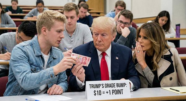 A digitally created surreal scene shows Donald Trump and Ivanka Trump interacting with a student at a university setting.
