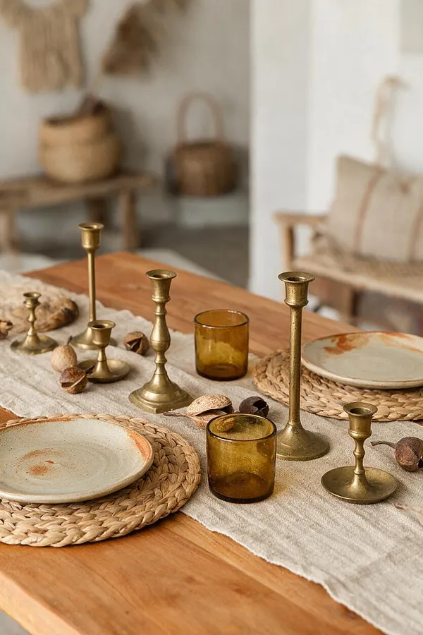 A bohemian dining table is styled with a natural linen runner, woven placemats, cream ceramic plates with warm terracotta edging, amber glass tumblers, and assorted brass candlesticks. The background is softly blurred with rustic woven baskets and a bench, creating a cozy earthy atmosphere.