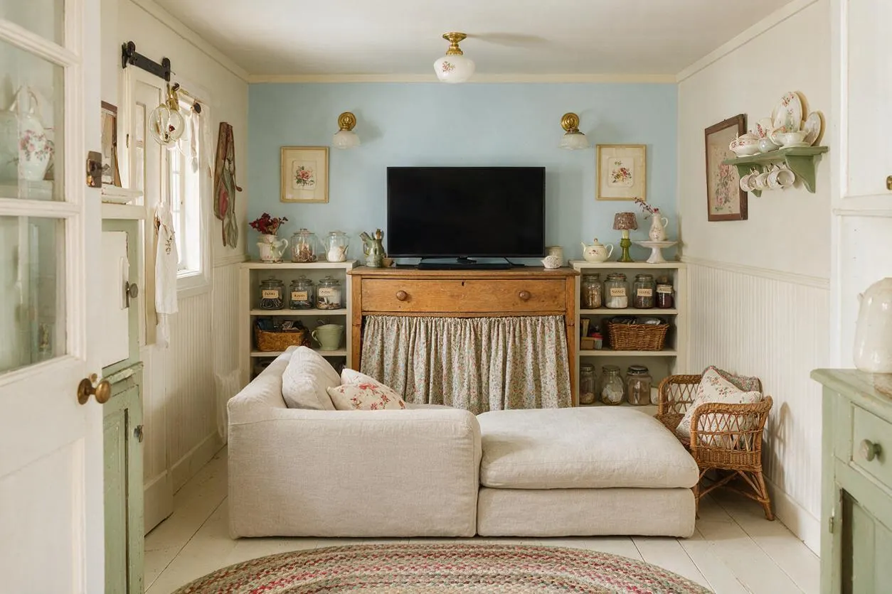 A cozy cottagecore media room with a wall-mounted TV centered above a wooden cabinet with a gathered floral curtain. Cream upholstered seating, wicker accents, and open shelves filled with jars, china, and baskets create a soft vintage atmosphere.