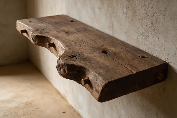 A floating rustic wooden bench with a live edge and visible knots is mounted to a textured plaster wall. The warm brown wood contrasts with the soft beige wall and floor, creating a simple, grounded Wabi-Sabi detail.