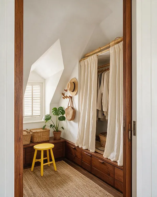 A small tropical-style closet with dark wood built-in drawers, cream linen curtains, and a bamboo hanging rod. The space includes woven baskets, a potted monstera, a straw hat on wall hooks, a bright yellow stool, and a natural jute rug under soft daylight from a shuttered window.