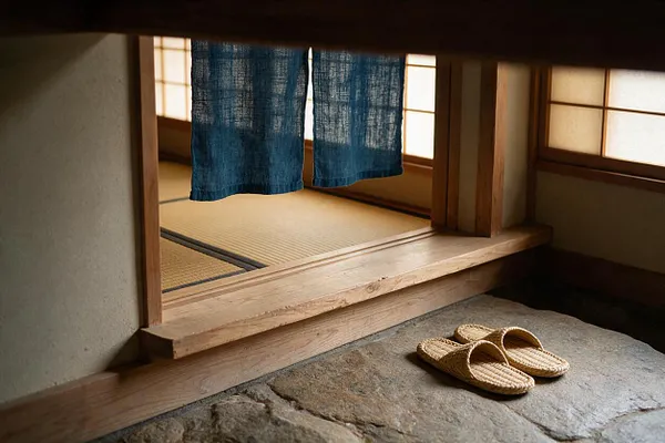 A calm Japanese-style entryway with a stone floor, light wood threshold, and tatami room beyond. Blue indigo curtains hang in the doorway, and a pair of woven straw slippers rests on the stone landing.