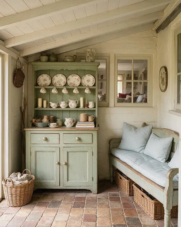 A cozy cottage-style patio with a sage green painted hutch displaying floral plates, teacups, candles, and baskets. A pale wooden bench with soft blue striped cushions sits beside small-paned windows and a tiled floor, creating a warm, nostalgic outdoor nook.