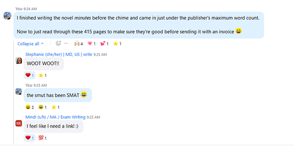 A chat conversation celebrating the completion of a novel.