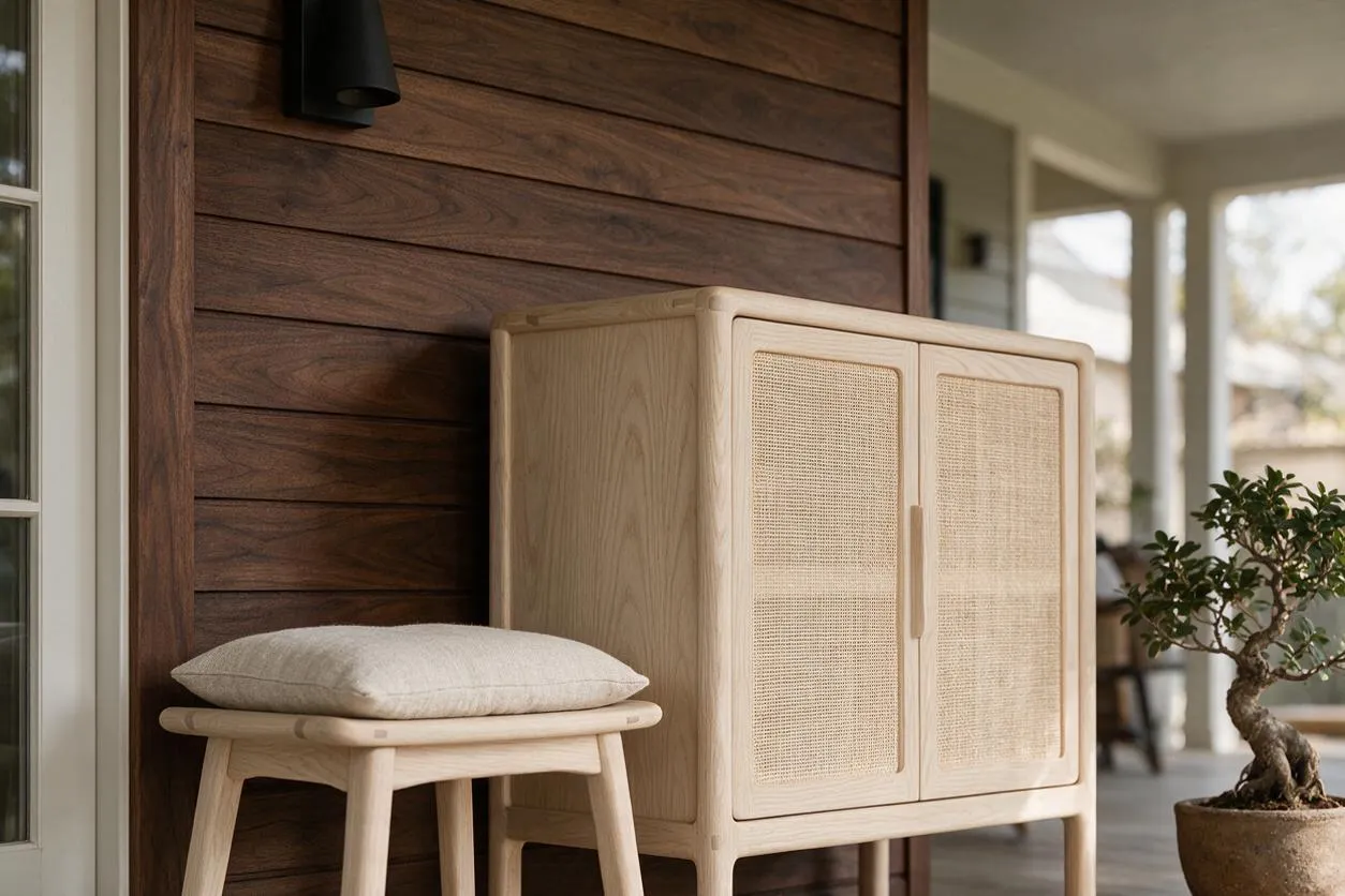A serene front porch styled in Japandi design, featuring a light wood cabinet with woven cane doors, a matching stool with a soft cushion, and a small potted bonsai-like tree. Dark wood siding contrasts with the pale furniture, creating a calm, natural entrance.