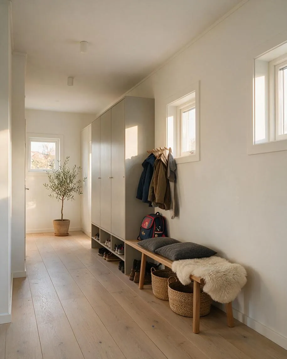 A long Scandinavian-style entryway with pale wood floors, white walls, and a built-in storage cabinet along one side. A simple wooden bench with cushions, woven baskets, hanging coats, and a potted olive tree create a calm, practical space filled with natural light.