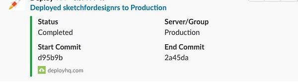 The image displays a deployment notification for a project called 'sketchfordesignrs'.