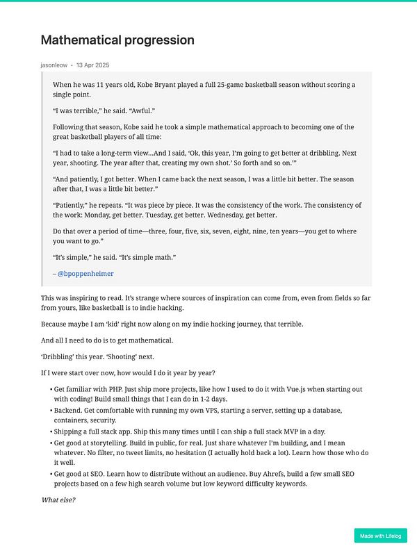 The image features a blog post discussing mathematical progression inspired by Kobe Bryant's approach to improvement.