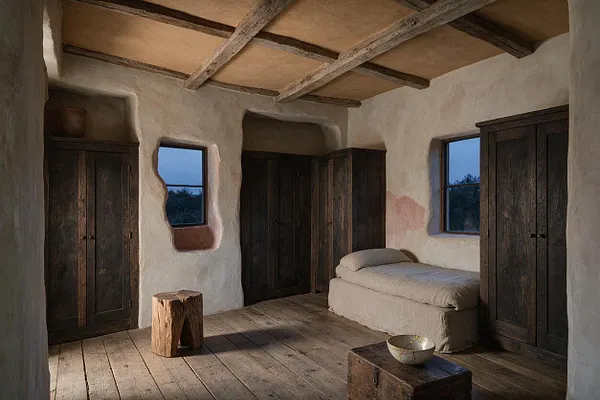 A rustic closet or dressing room with rough plaster walls, exposed wood ceiling beams, and dark weathered wooden wardrobes lining the walls. A simple upholstered bench, a carved wooden stool, and a low wooden chest sit on worn plank flooring beside small windows that bring in cool natural light.