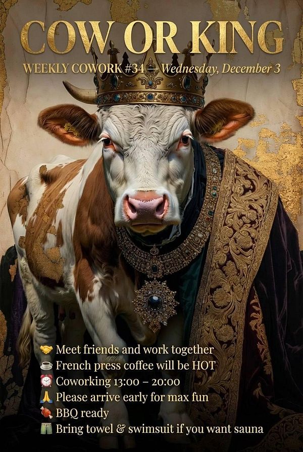 A whimsical poster for a coworking event featuring a cow wearing a crown and ornate clothing.