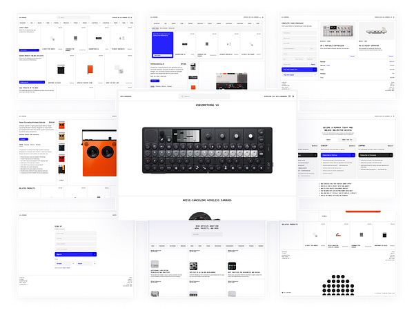 The image displays a collage of various product pages and UI elements from a website featuring electronic devices and accessories.