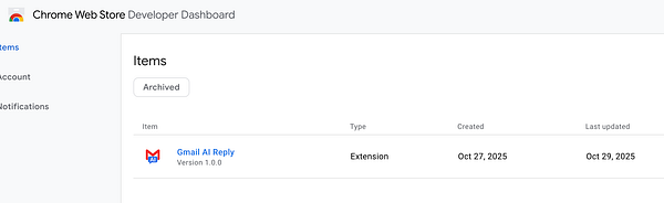 The image displays the Chrome Web Store Developer Dashboard showing a submitted extension.
